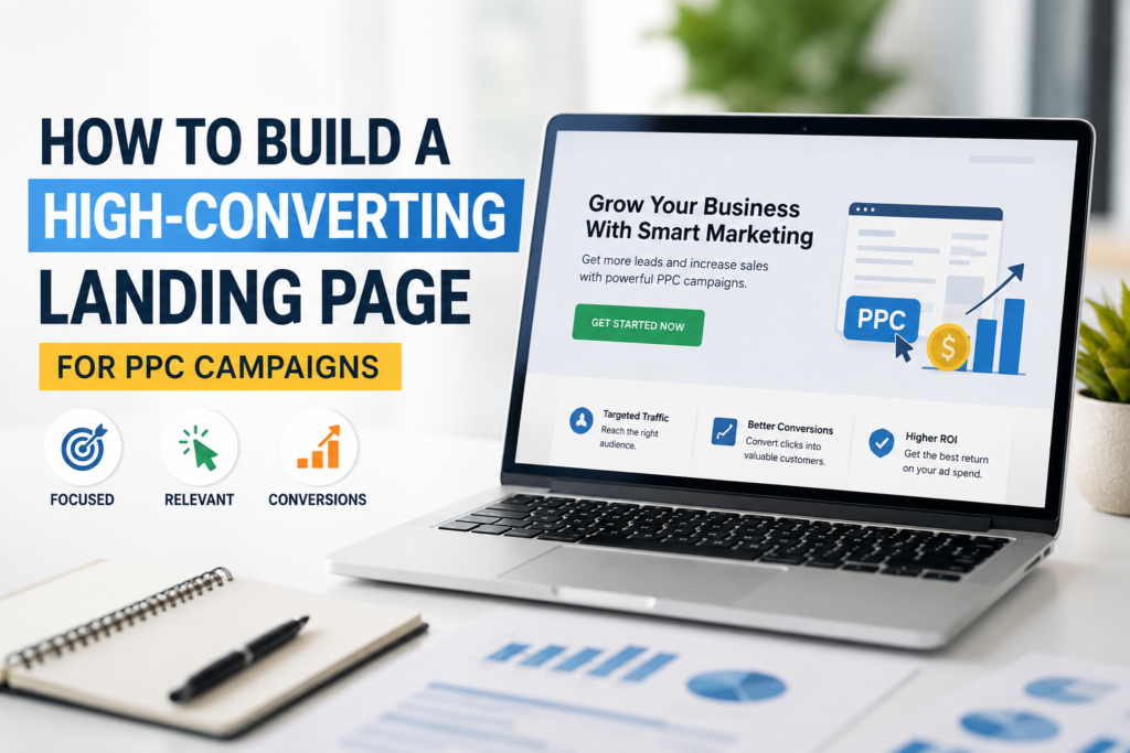 A modern laptop displaying a high-converting PPC landing page with a clean workspace, illustrating landing page optimization for better PPC conversions.
